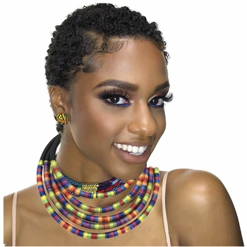 

African Multilayer Choker Necklaces Earrings Jewelry Sets Women Bib Collar Statement Necklace Rope Magnetism Button Boho Jewelry