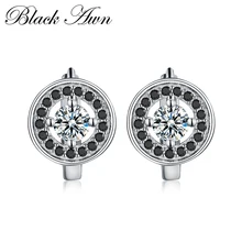 [Negro AWN] pendientes de aro de compromiso de joyería de plata de ley 925 redondos para mujer piedra de espinela negra Bijoux T179(China)