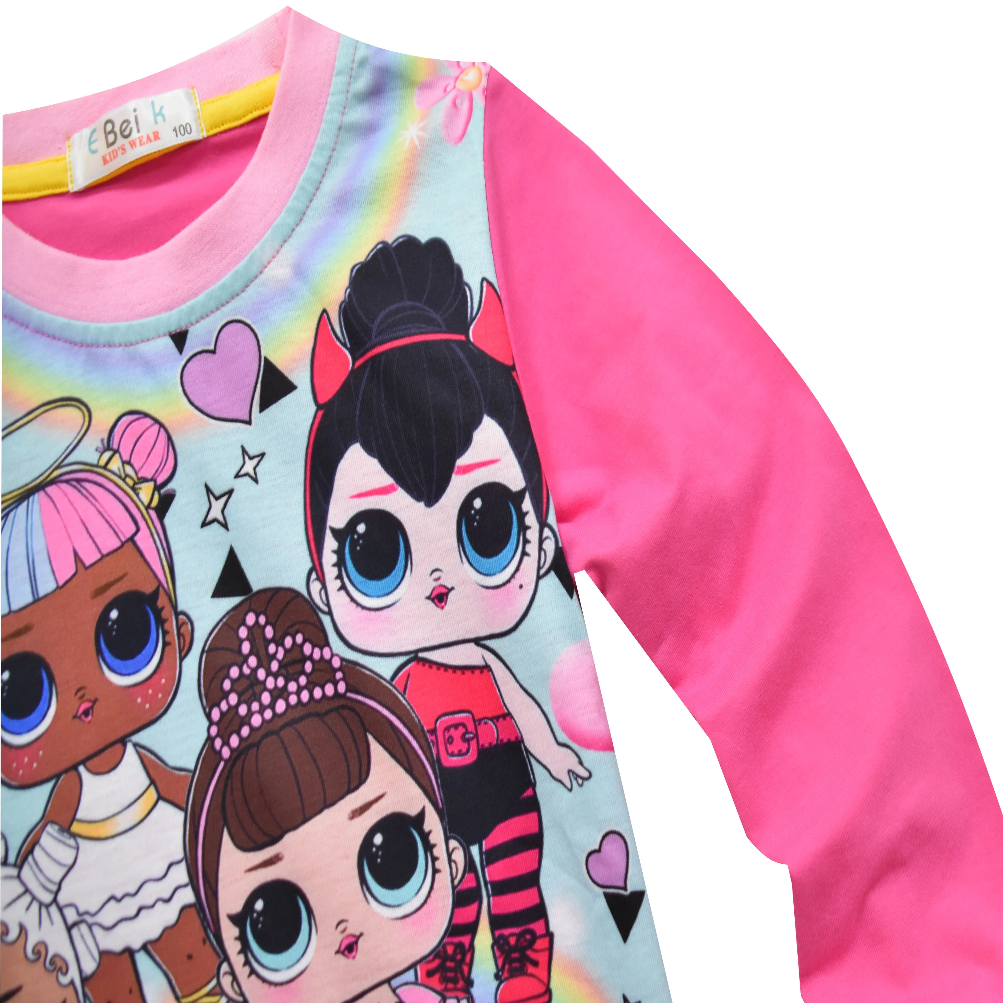 Пижамный комплект для девочек с рисунком из мультфильма «сюрприз», Детская домашняя одежда с длинными рукавами и кукольным принтом, пижама из двух предметов