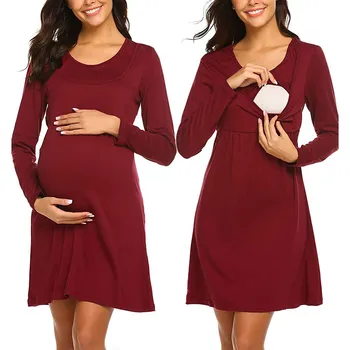 

Maternity Breastfeeding Dresses Women Long Sleeve Solid Nursing Sleepwear Dress Robe Grossesse Premama Autumn Mothers Clothing