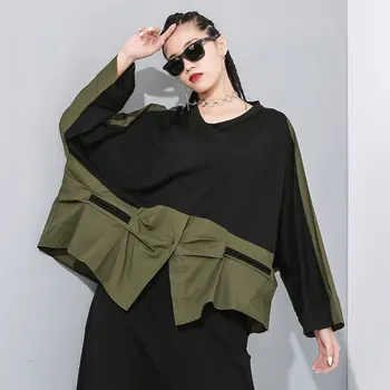 

2020 Round Neck Pullover T Shirt Tide Irregular Split Tees for women Amy Green black patchwork Loose pullovers