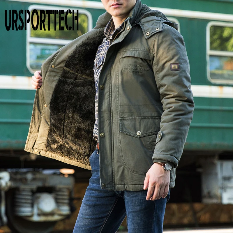 URSPORTTECH Новая модная мужская зимняя куртка пальто с капюшоном теплое мужское зимнее пальто повседневное приталенное Мужское пальто для мальчиков Большие размеры 5XL 6XL