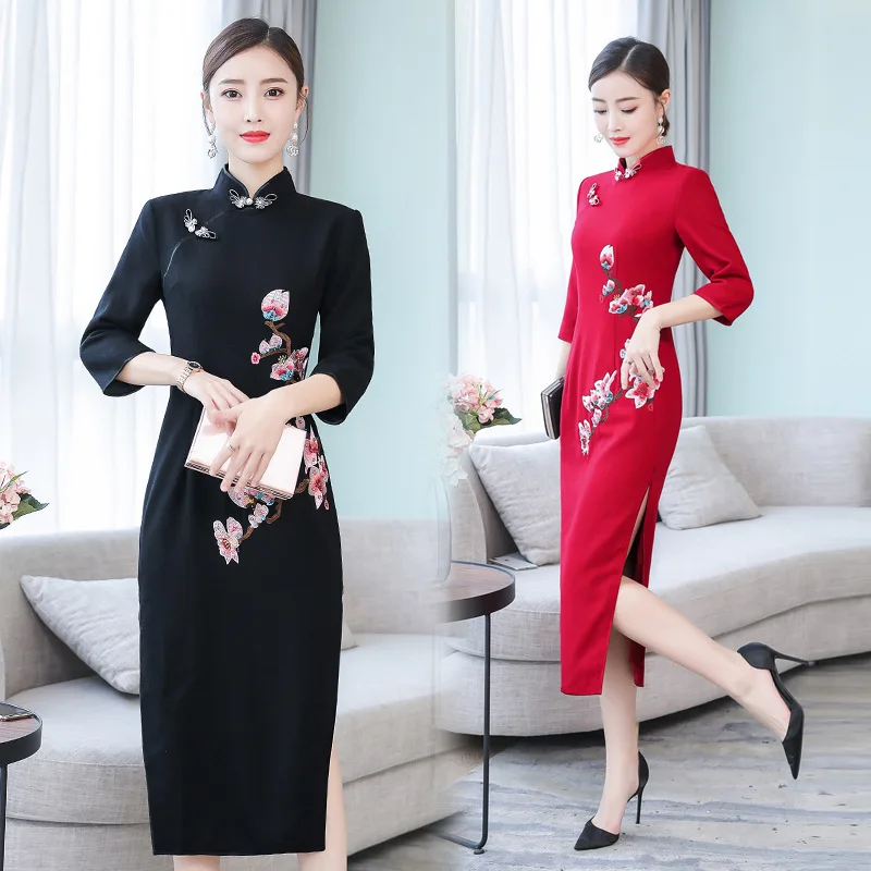 Autumn Cheongsam Long New Style Vintage Improved Ethnic-Style Slim Fit Slimming Women's Embroidered Cheongsam Dress
