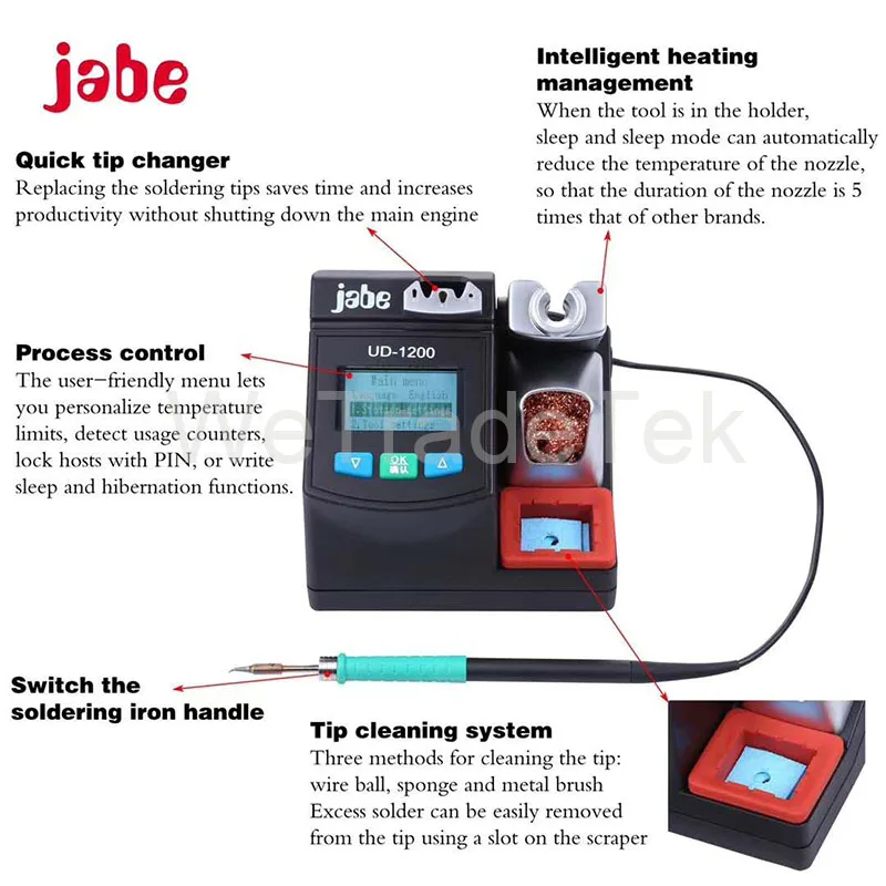Jabe UD-1200 Бессвинцовая паяльная станция 2,5 быстрый нагрев с Двухканальное питание система отопления для сварки печатной платы станция с 3 наконечниками