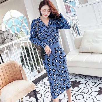 

2019 Women Corset Sheath Long Sleeve Knitted Dress Winter Sexy Print Leopard Dress Ladies Good Elastic Sweater Dress Runway Robe