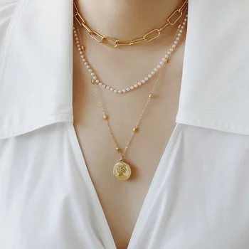 

Pearl portrait thick chain autumn winter combination chain necklace sweater chain titanium steel plating 14K live source