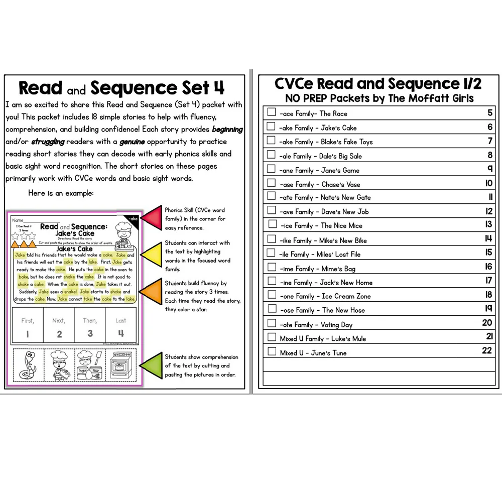 Чтение и последовательность (комплект) CVC CVCe смеси диграфы Phonics Homeschool PDF