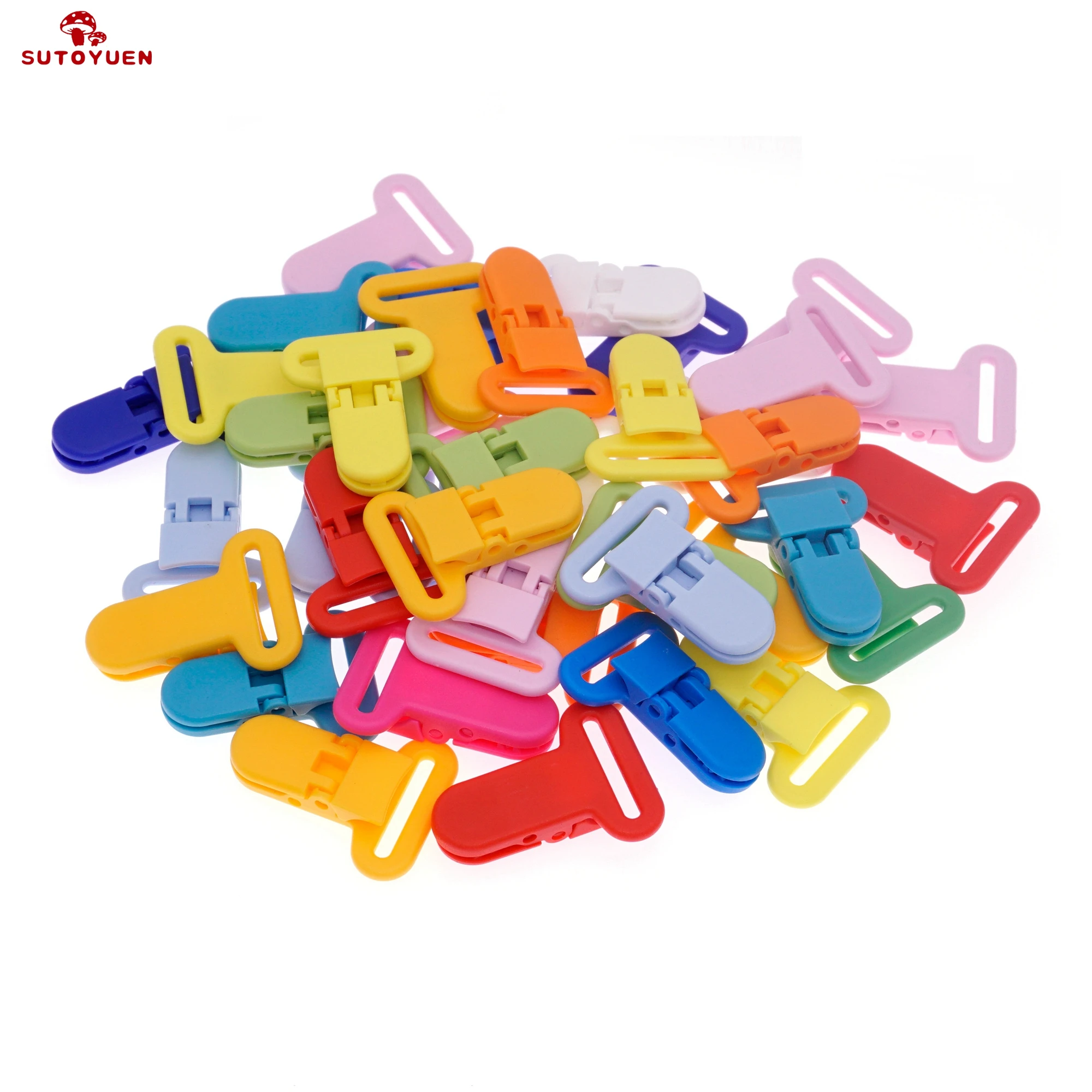 

(14 Color Mixed) 28pcs D Shape Kam Plastic Baby Suspender Pacifier Dummy Soother Chain Holder Clips for 25mm Ribbon