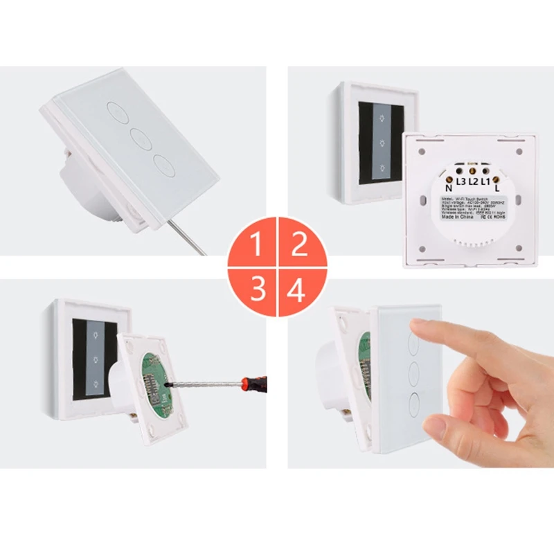 EU Smart Light Switch, 3 Gang 1 Way Wifi APP Remote Control Wall Press Switch, Tempered Glass Press Screen AC 100-240V