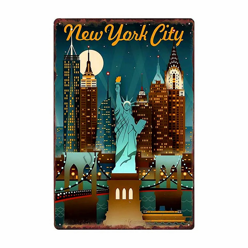 Нью-Йорк металлическая жестяная вывеска Винтаж чудо-город настенная живопись плакаты Флаг США Бар Паб Ретро Статуя Свободы Декор WY103