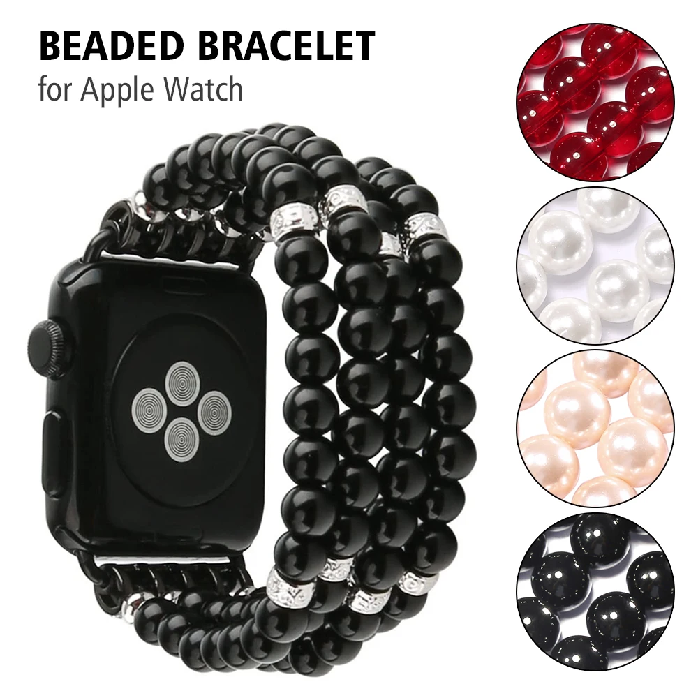 

Сменный черный жемчужный браслет для Apple iWatch Series 5/4/3/2/1, ремешок для часов ручной работы, с бусинами, эластичный стрейч для женщин и девочек
