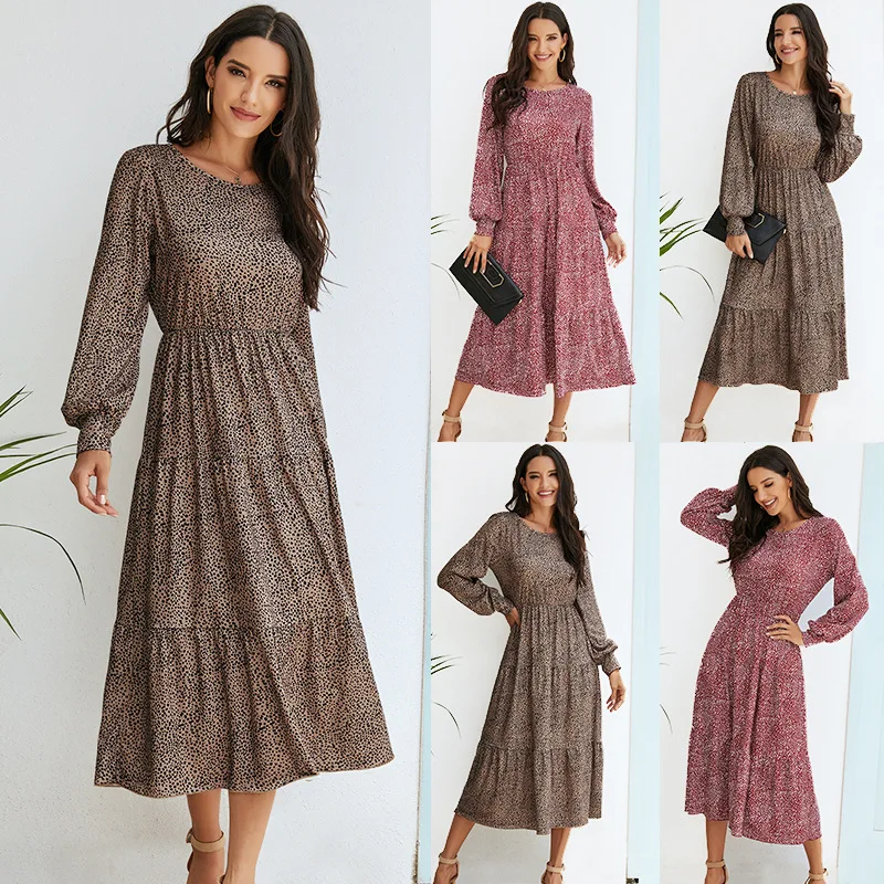 

Vestido Vintage Print Puff Long Sleeve Autumn And Winter Beach Dot Dresses Casual O-neck Mid Long Dress 2020 Simple Fashion