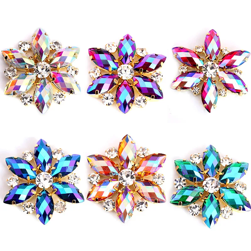 3.5x3.5cm Crystal AB Navette Round Sewing On Rhinestone Applique 1 Pcs Gold Base Sew Rhinestones Wedding Dress B0988 | Дом и сад