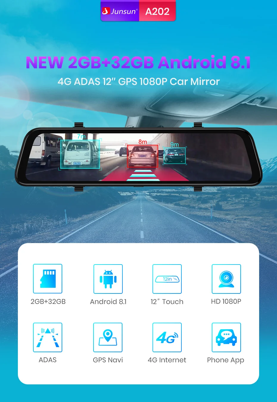 Junsun 2 ГБ+ 32 ГБ, Зеркало заднего вида 4G Android 8,1 ADAS WI-FI gps автомобиля Зеркало заднего вида 1080P Dash Cam 12 ''ips видео Регистраторы Видеорегистраторы для автомобилей