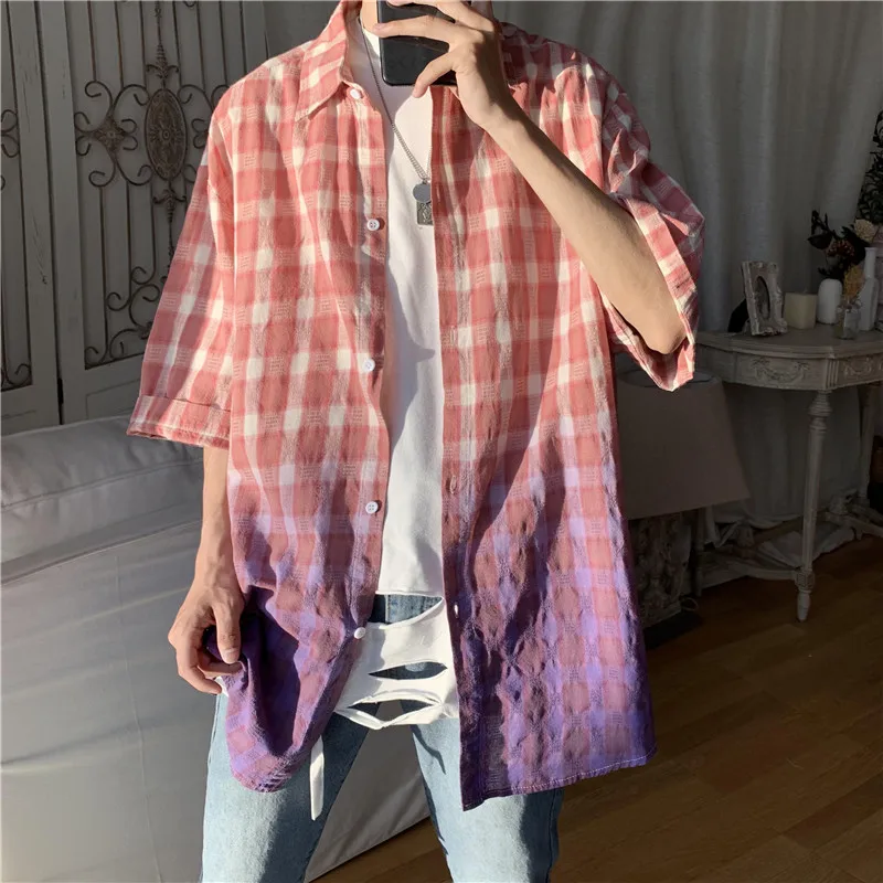

Men's Plaid Shirt Summer Gradient Color Blooming Short-sleeved Shirt Korean Casual Cotton Five-point Sleeve Top