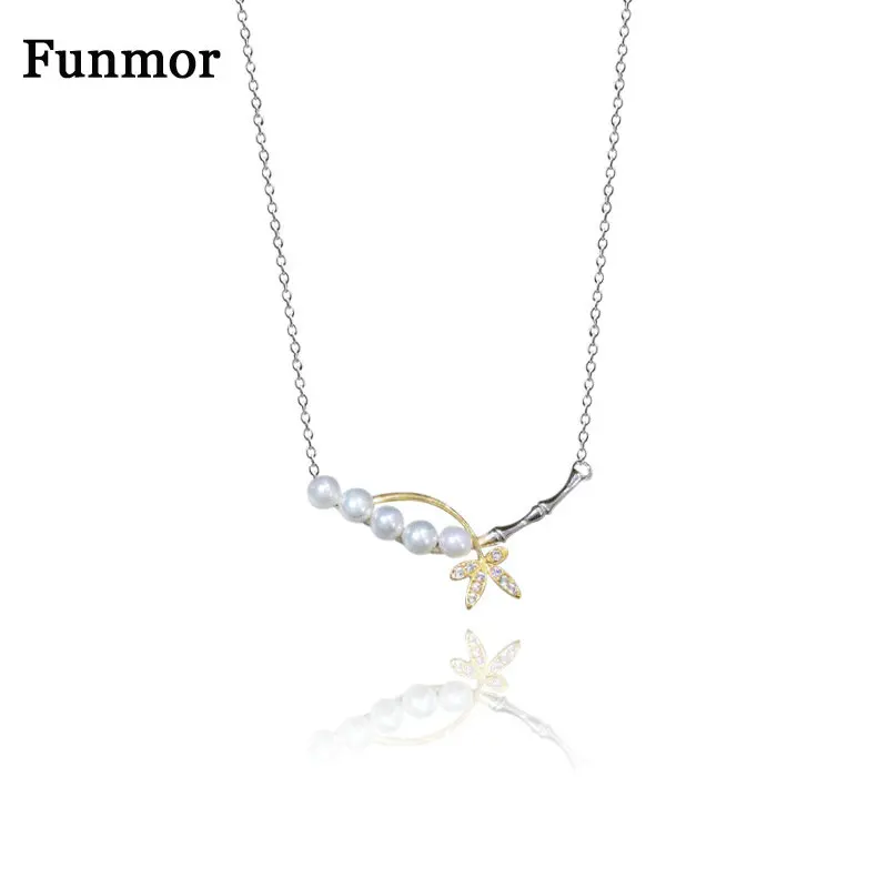 

Funmor Casual Bamboo Freshwater Pearl Necklace 925 Sterling Silver Jewelry Zircon Women Lady Routine Gathering Accessories Gifts
