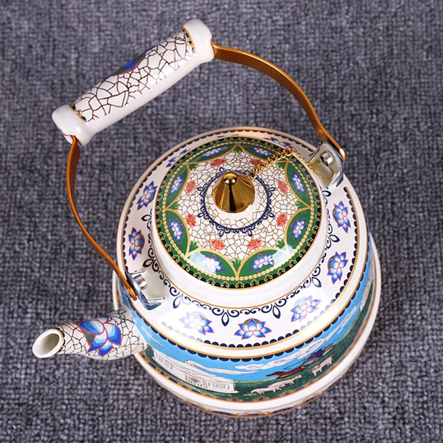 Enameled Teakettle with Ceramic Handle,Tibet good luck yellowTea Kettle for  Stovetop/induction cooke Hot Water No Whistling 2.4L