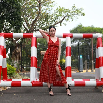 

Once Agreed 2019 Summer Sexy V-neck Open Back Suspender Holiday Wave Point Split Female Apparel for dancers Summer Long Dresses