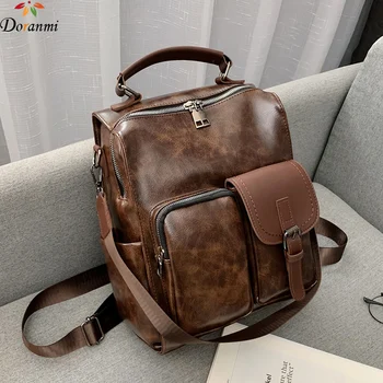 

DORANMI Big Laptop Backpacks Women's Schoolbag 2019 Vintage Leather Back School Backpack Square Female Rucksack Mochila BG094