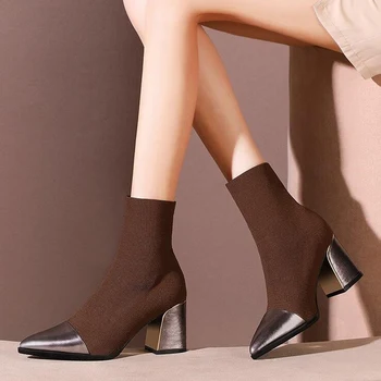 

Stretch Knitted Socks Boots Women 2019 Pointed Toe Thick High Heel Party Ankle Boots Women Elegant Short Booties for Ladies