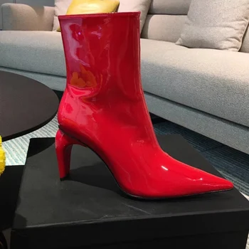 

Patent Leather Sexy Boots Women Ankle Chelsea Boots Pointed Toe Thin High Heels 2020 Luxury Designer Fashion Women Shoes Runway