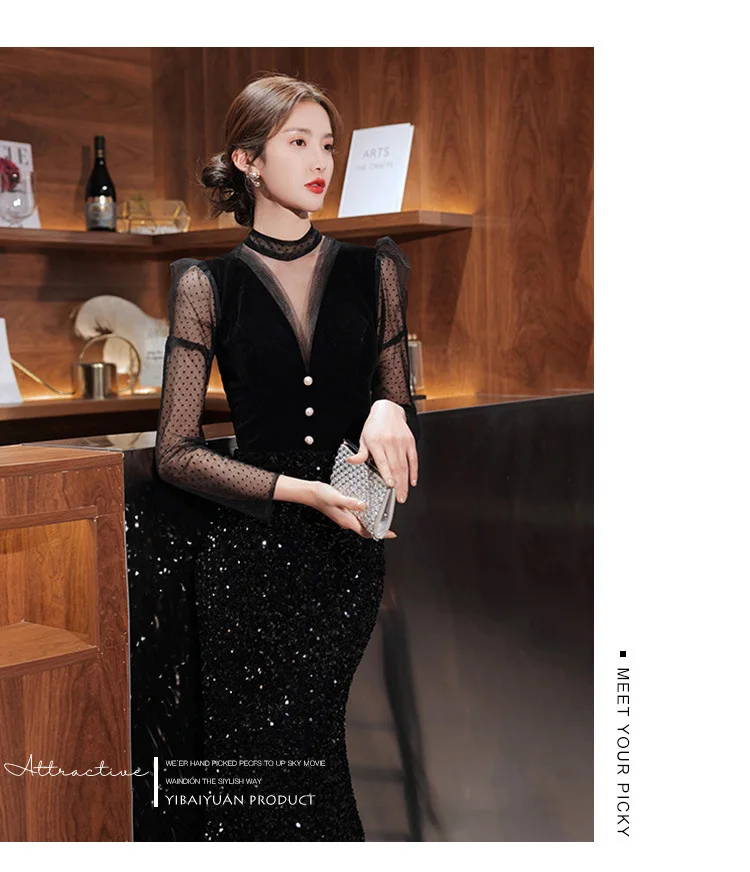 שחור חדש בת ים שמלת ערב שחבור מלא שרוול באורך רצפת המפלגה שמלת נשים Vestidos דה פיאסטה דה Noche רגוס Elegantes