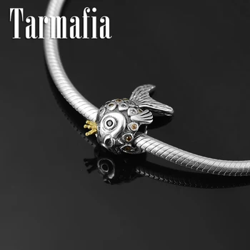 

Hight Quality 925 Sterling Silver Gold Crown Zircon Cute Goldfish Shape Beads Charms fit Original European Bracelets DIY Jewelry