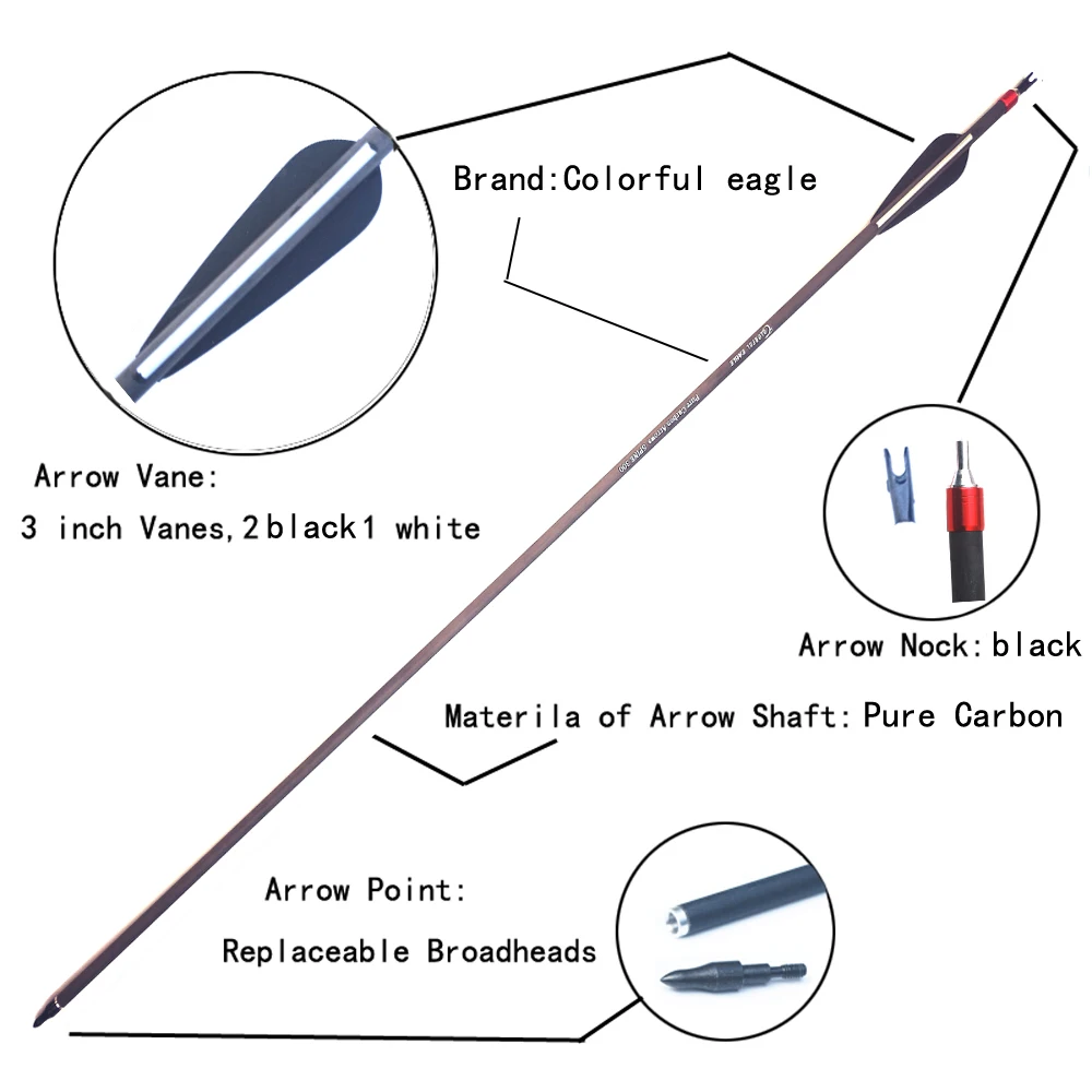 Pure Carbon Arrows Archery Replaceable Arrowhead ID 6.2 Spine 300 400 Recurve Compound Bow Hunting Shooting 3