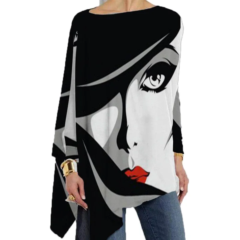 

Plus Size White-Black Abstract Vintage Tops Women Loose Crew Neck Cotton Casual Shirts Long Sleeve Irregular T-shirt Print