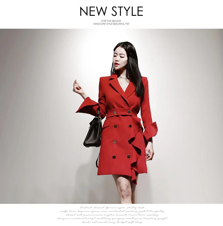Autumn Notched Double Breasted Slim Ruffles Pencil Office Cloth Outerwear High Waist Red Women OL Blazer Coat
