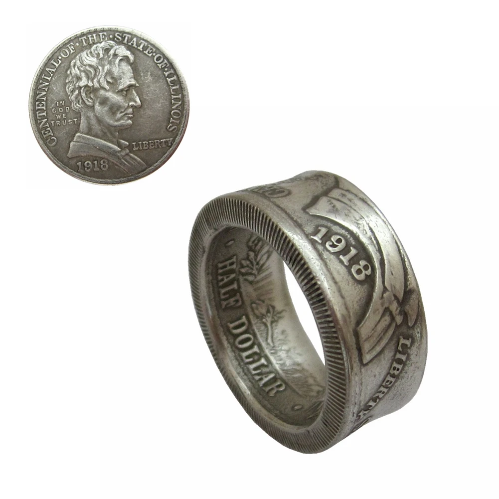 1918 Handcraft Coin Ring Made from Kennedy Half Dollar Silver Plated Copy Coins