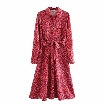 

2020 new Spring Summer European zaraing women red Shirt dress Lapel Slimming Belt Printed sheining vadiming female Dress Xdn9357