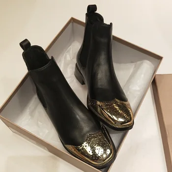 

Black Leather Chelsea Boots Brogue Fretwork Gold Embellished Toe Flat Heel Ankle Boots Designer Shoes Women