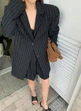  Women Striped Print Loose Long Blazer Jacket+Wide Leg Shorts Suits Outfits Korean Fashion Lazy Chic Casual Vintage Two Piece Set 