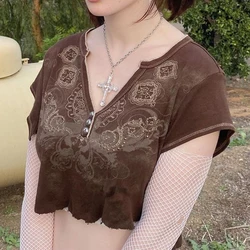 Top corto con estampado Y2k, Camiseta de punto con diamantes de imitación, jerseys bonitos de manga corta, camiseta Retro elegante de verano, camiseta coreana