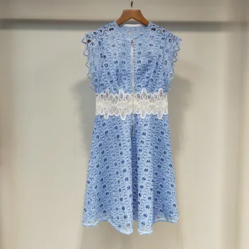 

Lace Patchwork Mini Dress Black White Blue Women Fashion Slim Hollow Out Sweet Holiday Party Female Zipper Dresses 2020 New