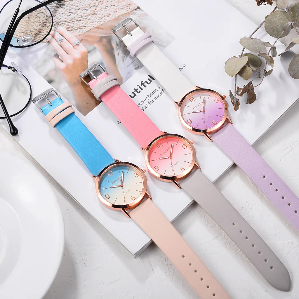 YOLAKO женские часы-браслет кварцевые наручные часы Ретро, дизайн радуги повседневные кожаные женские часы под платье спортивные часы Relogio
