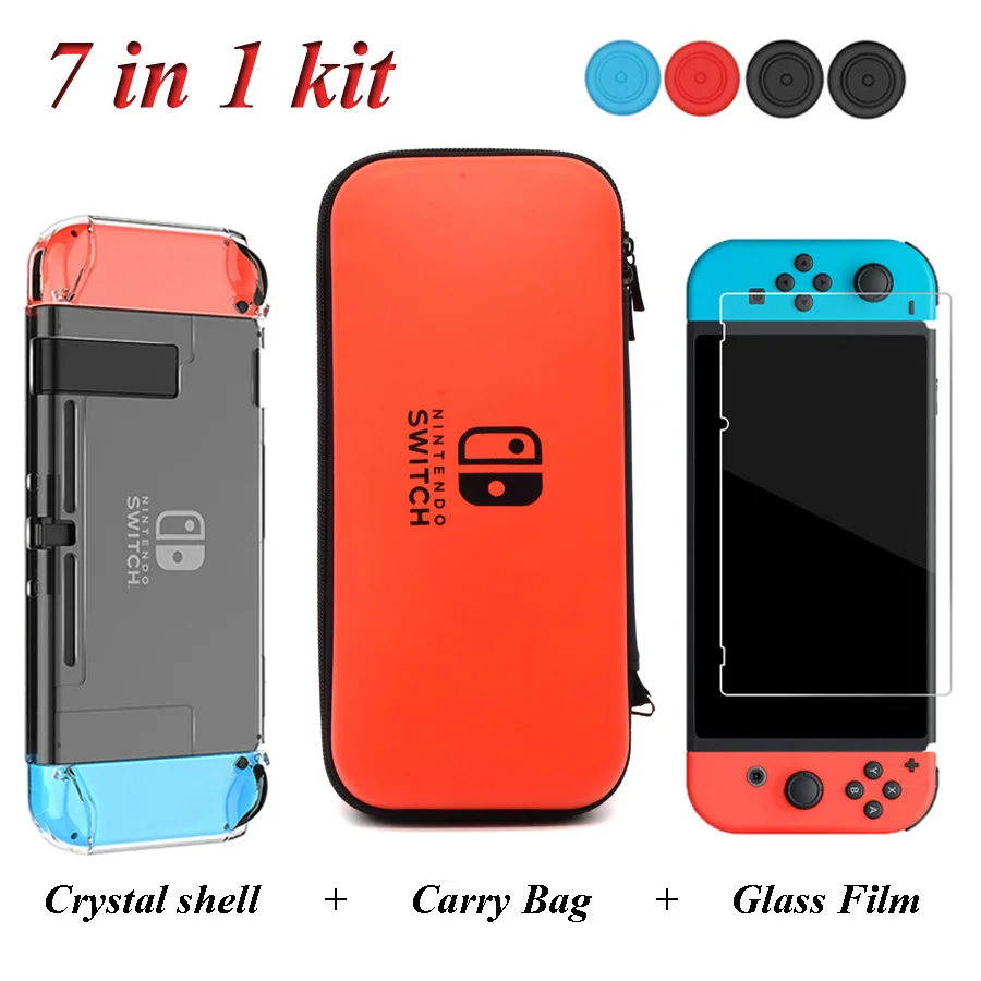 7 In 1 NintendoSwitch Accessories Storage Big Bag& Tempered Glass Film& Crystal Shell& Analog Caps for Nitendo Nintend Switch