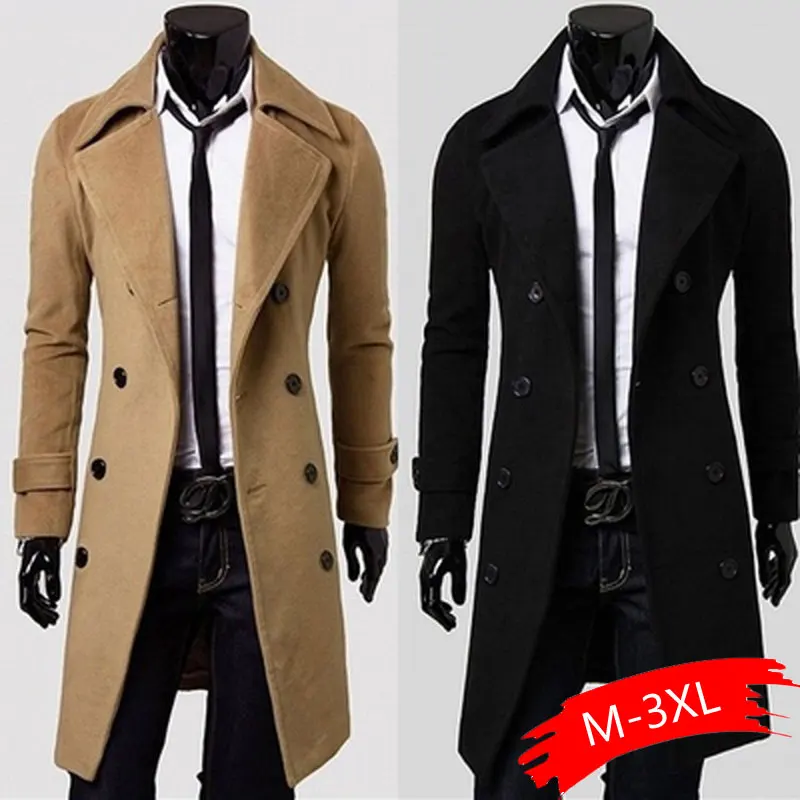 

New Long Slim Men Wool Trench Coat Double-breasted Lapel Windbreaker Male Fashion Autumn Winter Coat Drop shipping
