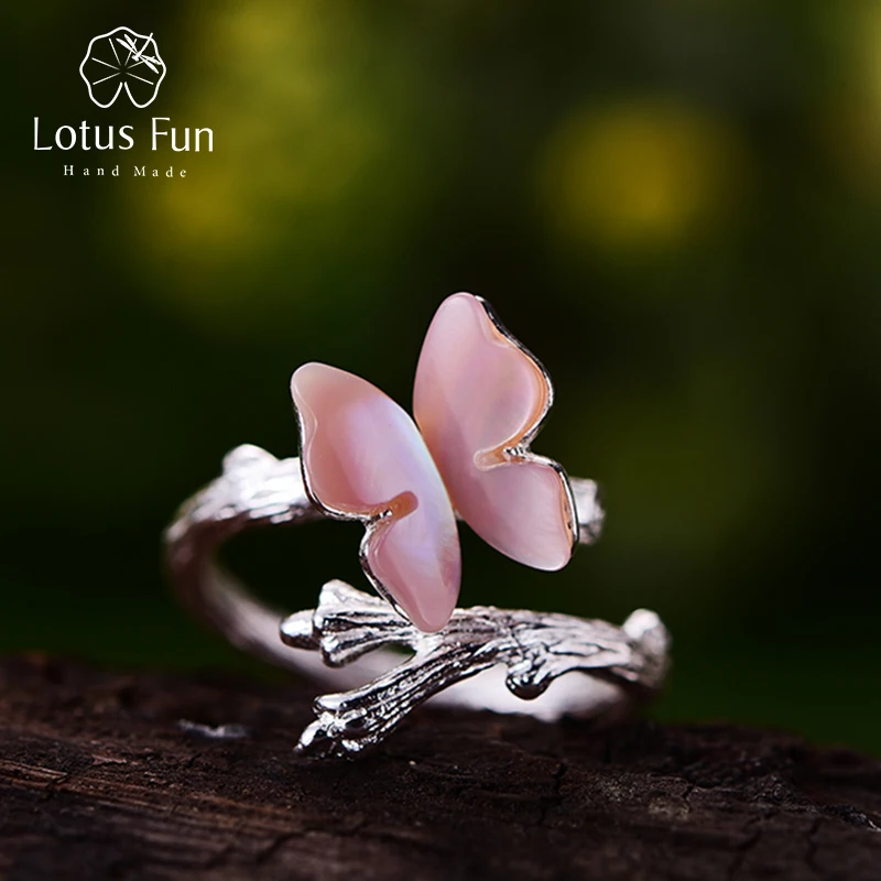 

Lotus Fun 925 Sterling Silver Pink Shell Butterfly Ring Adjustable Geometric Luxury Jewelry Valentines Day Gift for Girlfriend