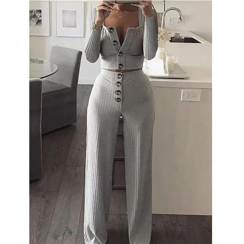 

2 Two Piece Set Women Crop Top and Long Pants Set Sexy Autumn Short Sleeve Tracksuit Women Female set 2020 Sets Women Outfits