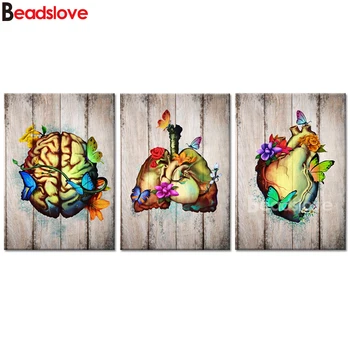 

diy Diamond Painting Flowery Heart Brain Lungs Human Anatomy mosaic full square/round diamond embroidery 3pcs Medical Clinic Art