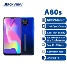 

Blackview A80s Smartphone 4GB + 64GB 6.217'' Face ID Android 10 Cellphone 13MP Quad Rear Camera 4G LTE 4200mAh Mobile Phone