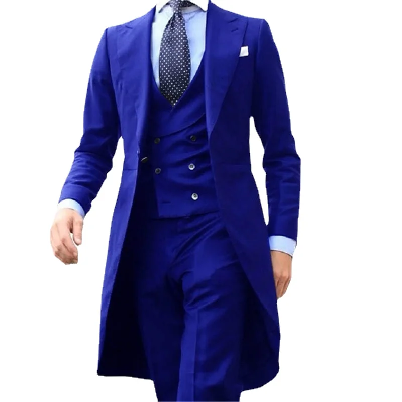 

Royal Blue Formal Men Suits 3 Piece Long Tail Coat Waistcoat With Pants Peaked Lapel Custom Made Male Fashion Costume 2023