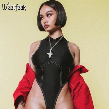 

Waatfaak Knitted High Waist Sexy Bodysuit Women Sleeveless Summer Streetwear Zipper Up High Waist Body Suit 2020 Striped Thong