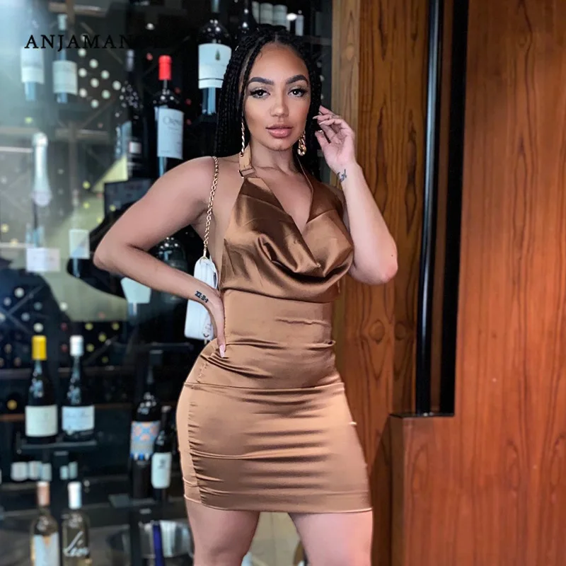 ANJAMANOR Satin Summer Dresses Sexy Party Night Club Outfits Birthday  Backless Halter Bodycon Mini Dress Brown Black D85-CZ11 - AliExpress