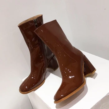 

Winter 2020 Women Block High Heels Patent Leatehr Mid Calf Boots Square Toe Chunky Heels Martin Boots Ankle Boots Big Size Shoes