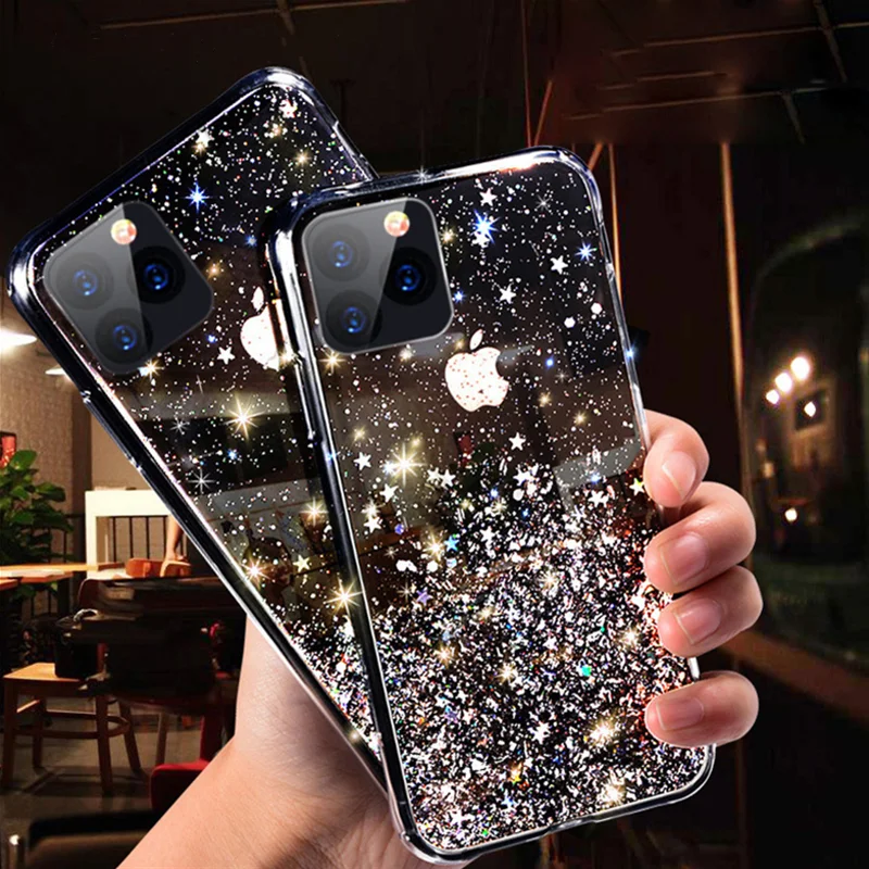 

YISHANGOU Glitter Bling Sequins Case For iPhone 11 8 7 Plus 6s Epoxy Star Transparent Case For iPhone X XR XS MAX Soft TPU Cover