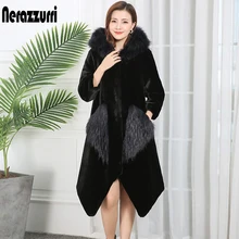 Nerazzurri Womens faux fur jacket with fox fur trim hood raglan sleeve front fur pockets Irregular fluffy faux fur coat women
