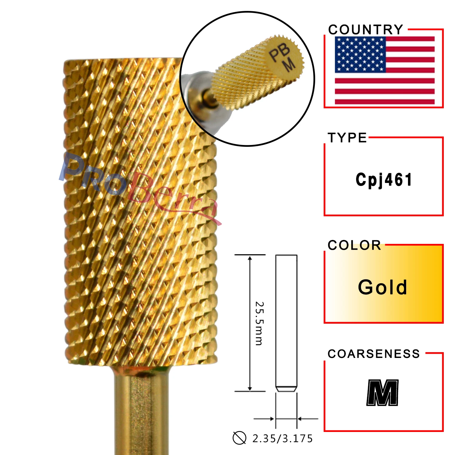 RolinStar 6.6 Large Barrel Gold Tungsten steel Carbide nail drill bits Nail Art Tools Burrs 3/32" Manicure Accessories 5